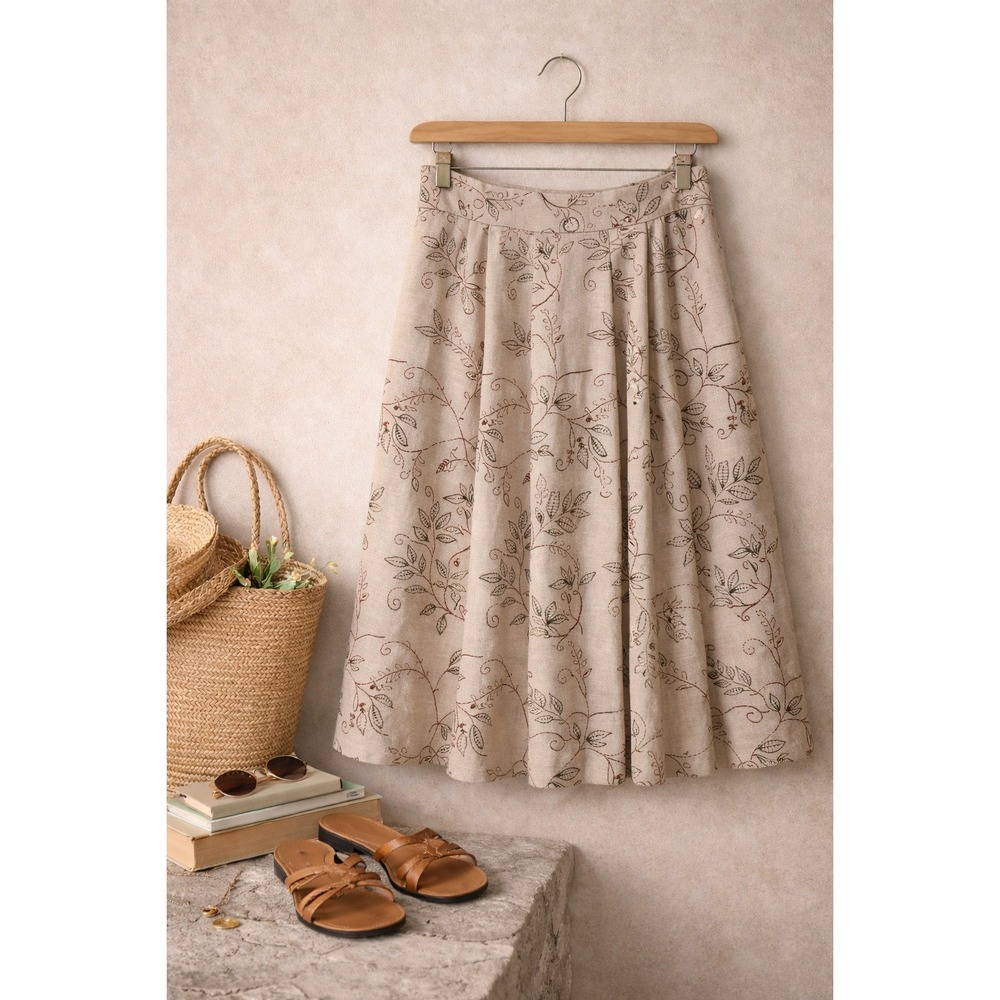 Catherine Andre Linen Embroidered Midi Skirt M Neutral‎ Summer Work Travel